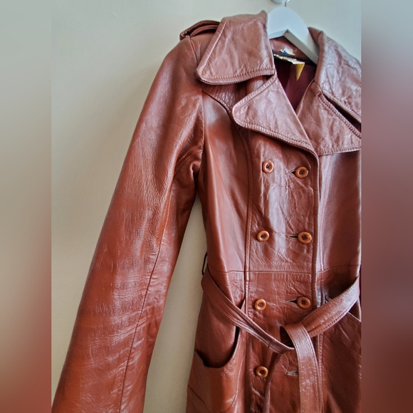 Vintage Cognac Genuine leather jacket fitted long double breasted, w self belt - Picture 5 of 16